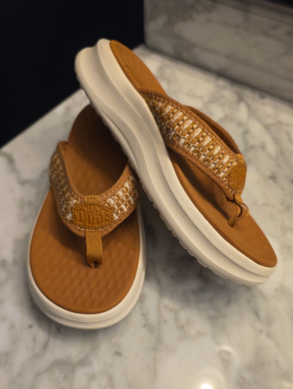 Hey Dude Tan Woven-Style Thong Sandals with Cream Accents